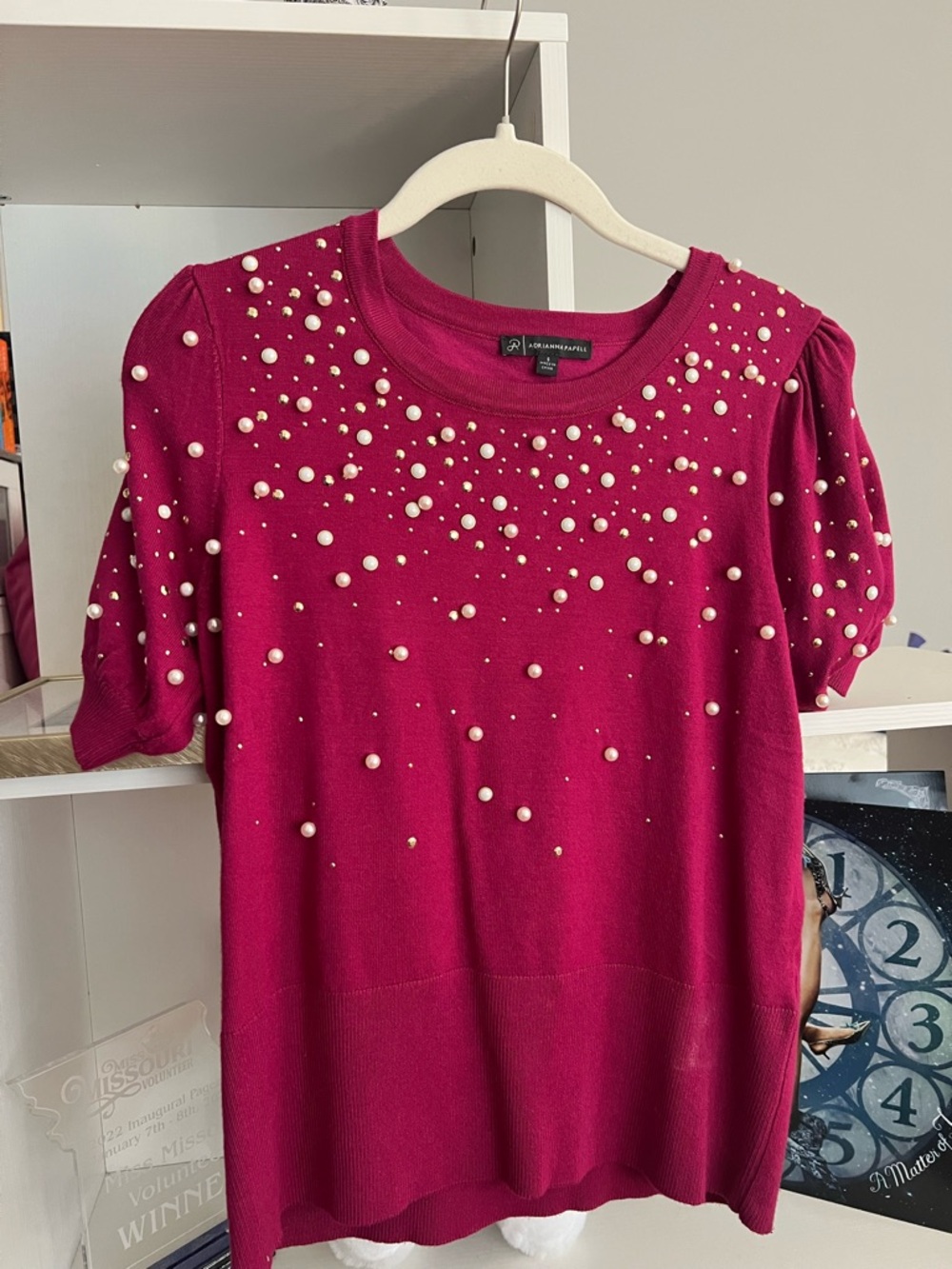 Charter Club Fuchsia Pearl-Embellished Short Sleeve Sweater